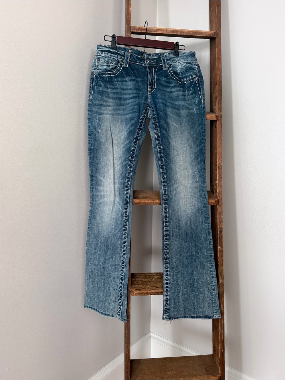 Miss Me Bootcut Distressed Denim Blue Jeans Jeweled Bling Vintage Y2K Pants 29